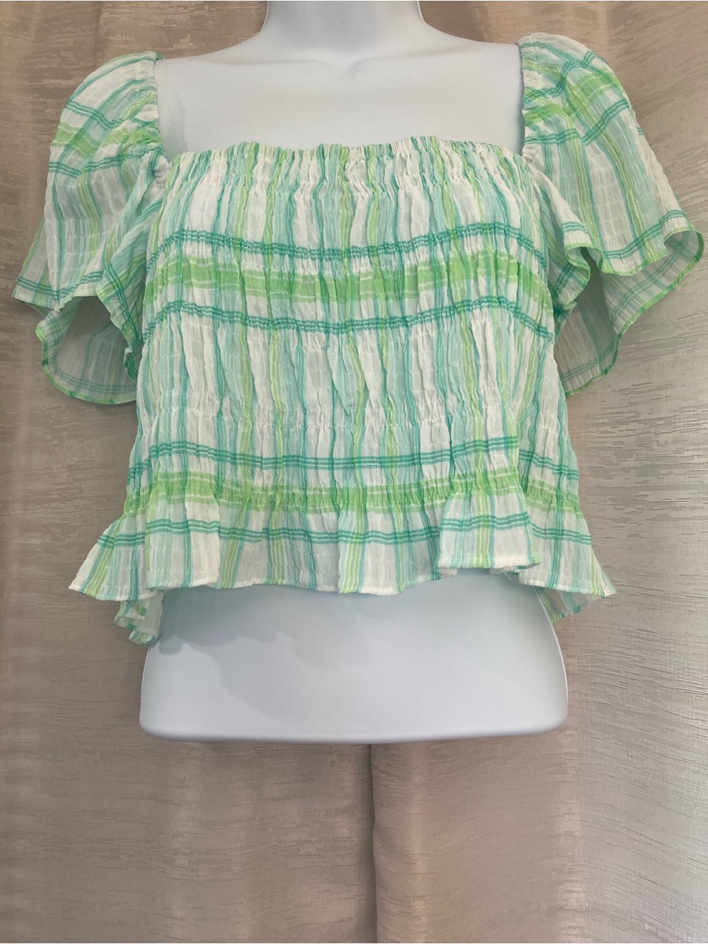 Zara White and Green Plaid Smocked Square-Neck Crop Top size medium NWOT.